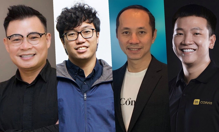 Bốn diễn giả trong CTO Talks bàn về cơ hội và rủi ro khi đầu tư tiền số, NFT. Từ trái qua phải: ông Đinh Viết Hùng, ông Nguyễn Thành Trung, ông Phạm Toàn Thắng, ông Nguyễn Thế Vinh.