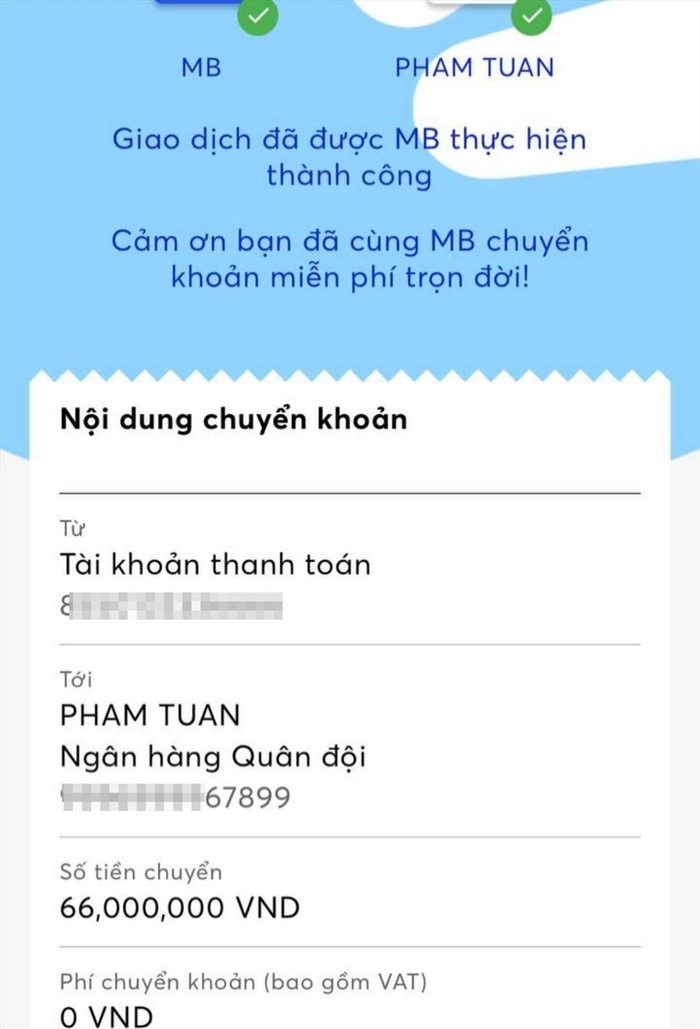 1 lần chuyển tiền của anh Quân cho Phạm Tuấn. Ảnh: NVCC.