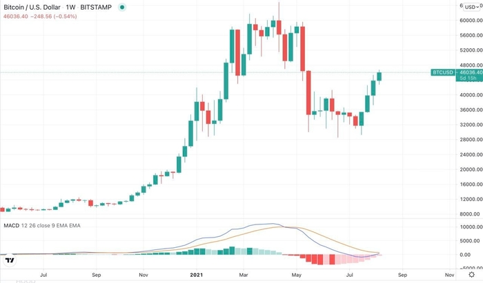 Biểu đồ nến 1 tuần BTC/USD (Bitstamp) với MACD. Nguồn: TradingView