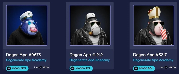 Giá cao nhất của một chú vượn số hoá NFT hiện là 100.001 SOL. Nguồn: Solanart.