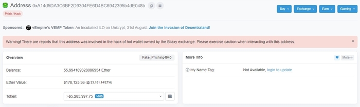 Địa chỉ ví được cho là của bọn hacker tấn công sàn Bilaxy. Nguồn: Etherscan