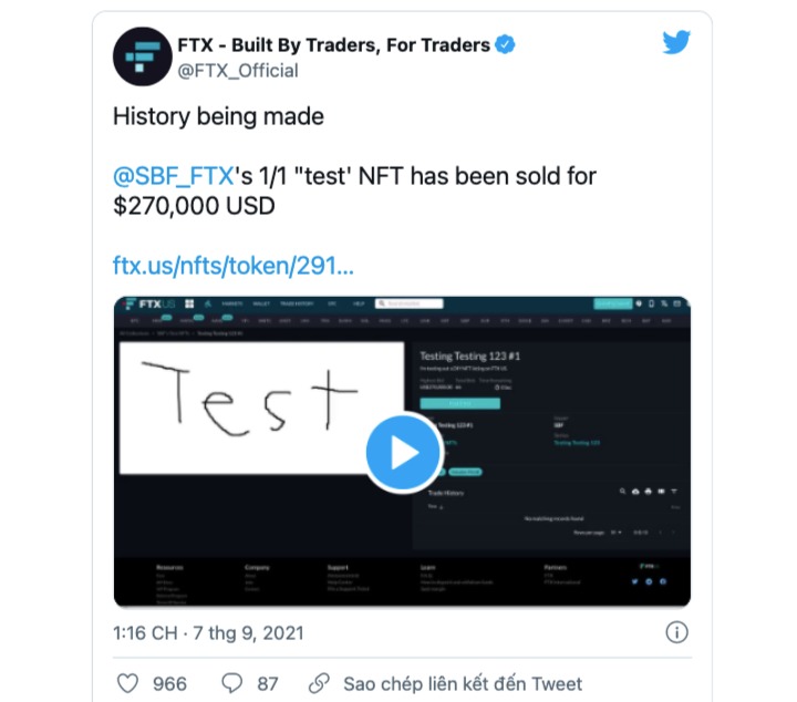 Thông báo của FTX về việc bán thành công NFT chữ "Test".