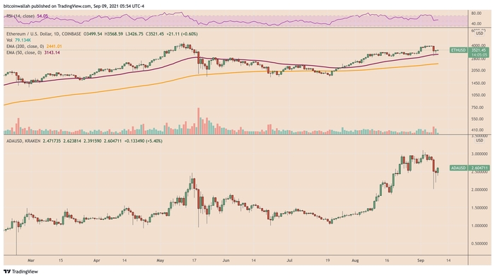 Hiệu suất giá của Solana so với các đối thủ hàng đầu Ethereum và Cardano. Nguồn: TradingView