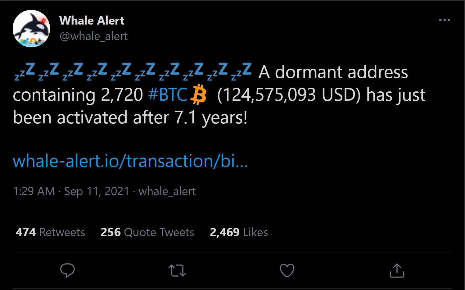 Bài đăng của Whale Alert xác nhận một ví Bitcoin đã được kích hoạt trở lại sau hơn 7 năm.