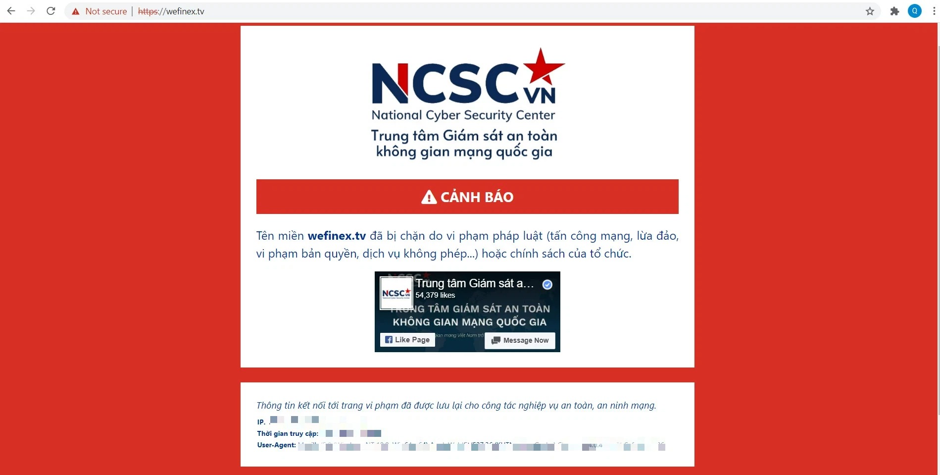 Trung tâm Giám sát an toàn không gian mạng quốc gia cảnh báo: Đường link Wefinex đã bị chặn, do vi phạm pháp luật.